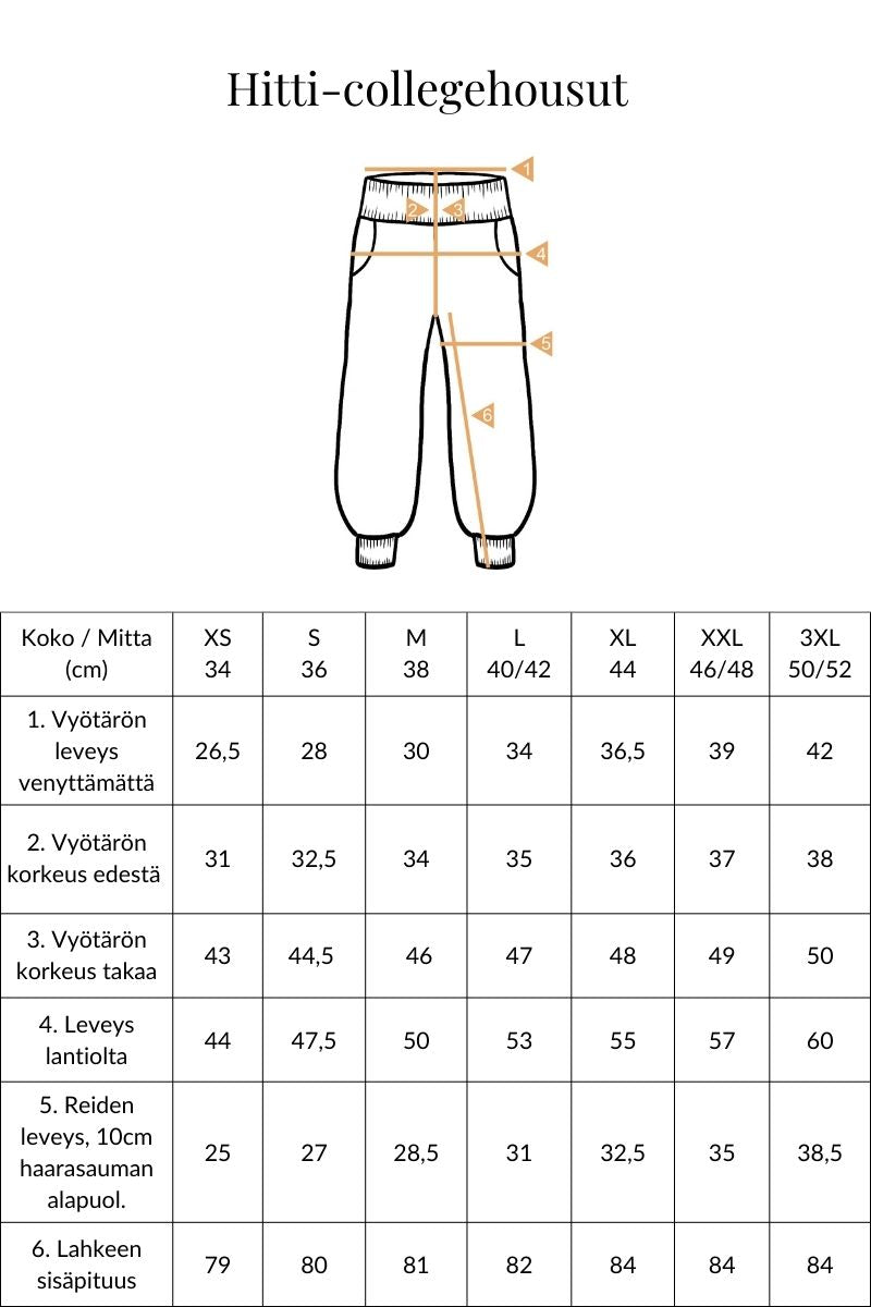 Hitti collegehousut mittataulukko