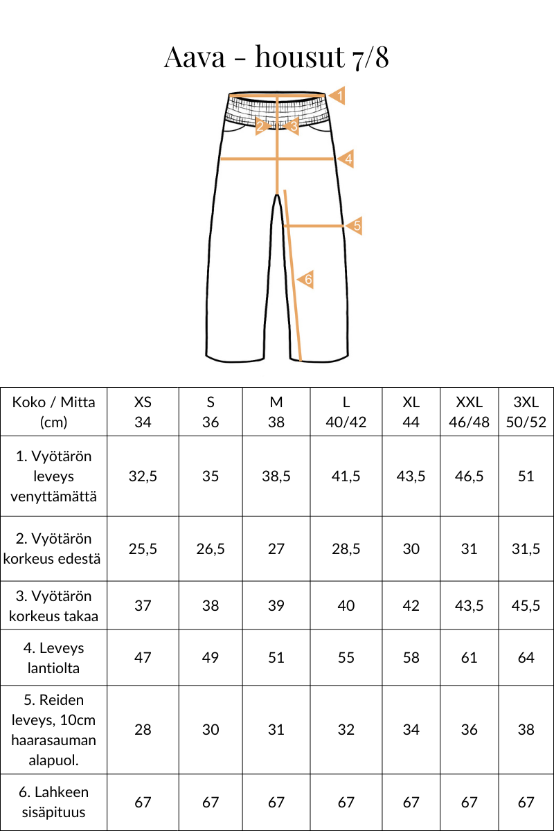 Aava housut 7/8 mittataulukko