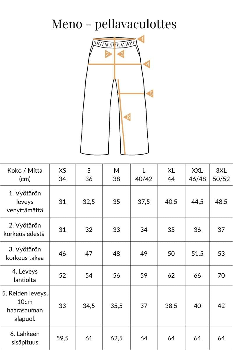 Meno pellavaculottes mittataulukko