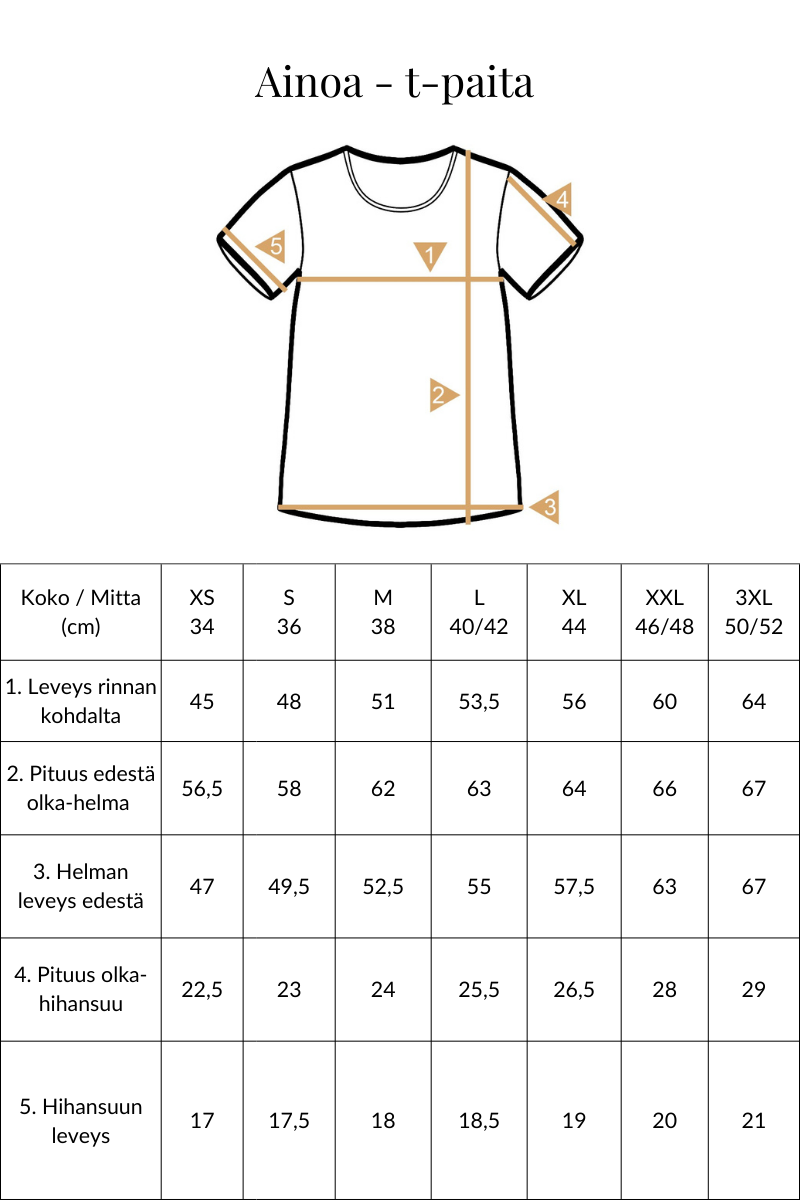 Ainoa t-paidan mittataulukko