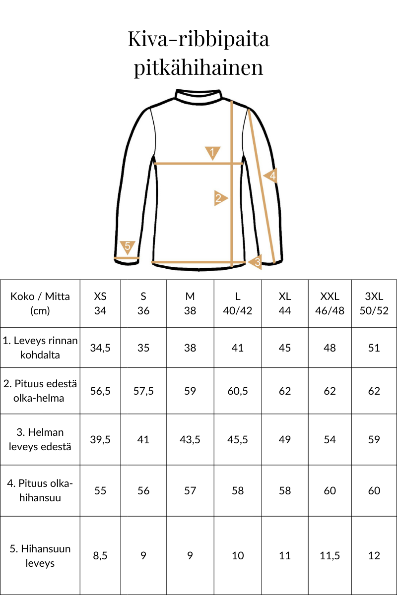 Mittataulukko Kiva ribbipaita pitkähihainen