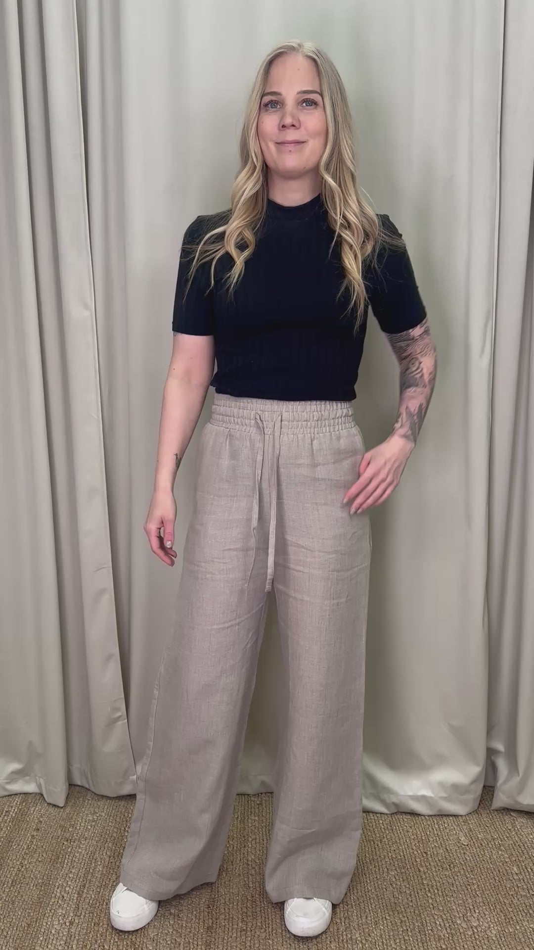 Leuto pellavahousut hiekka esittelyvideo